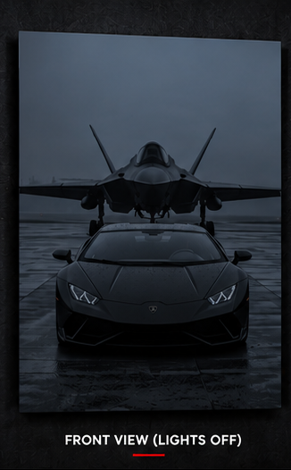Black Lamborghini fighter jet acrylic artwork with lights switched off