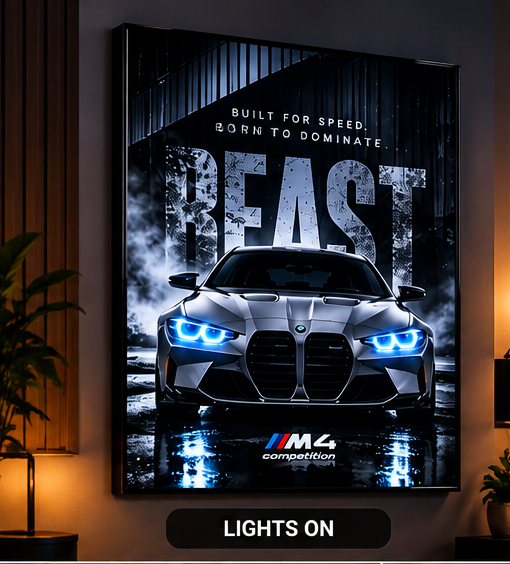 BMW M4 BEAST acrylic wall art frame with illuminated blue headlights
