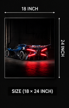 Bugatti Bolide acrylic wall art size guide showing 18 by 24 inches