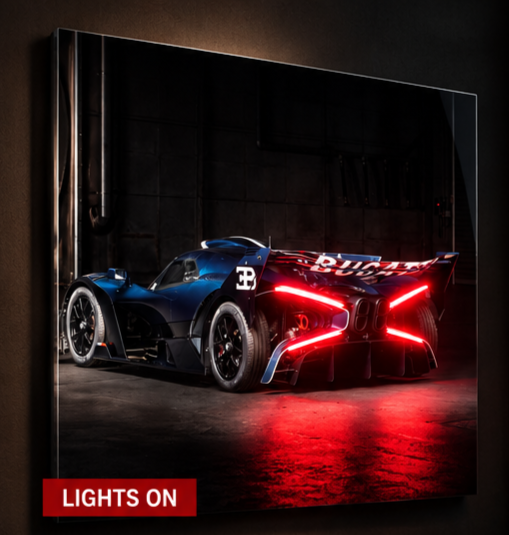 Bugatti Bolide acrylic frame with illuminated red taillights