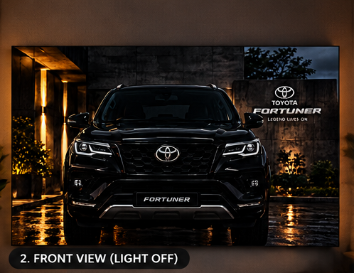 Close-up of illuminated headlights on a Fortuner poster