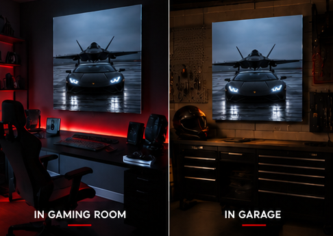 Illuminated supercar wall art displayed in a bedroom