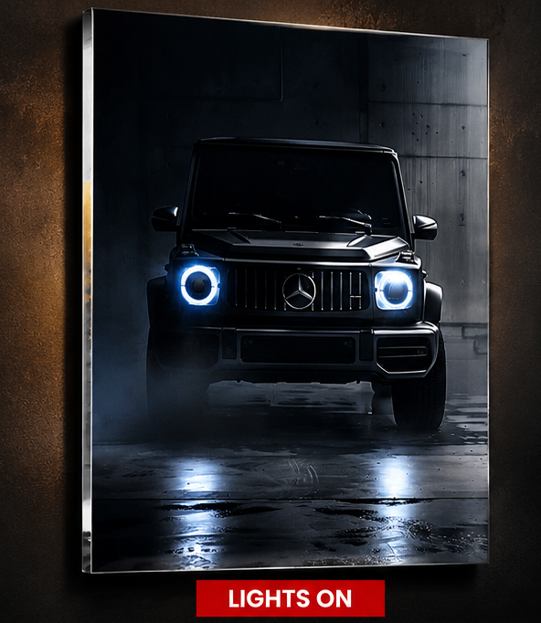 Black G-Wagon acrylic wall art with illuminated circular headlights