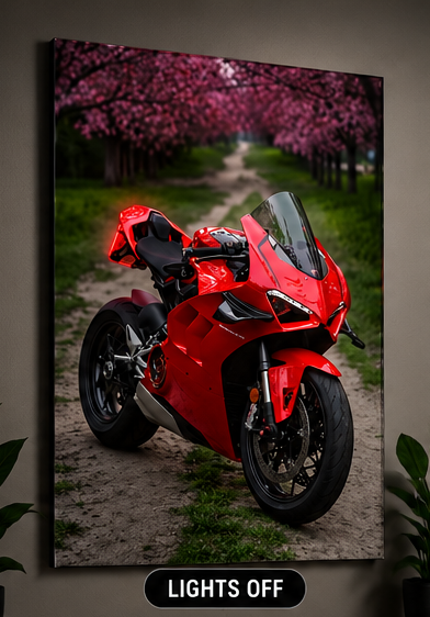 Red superbike acrylic wall poster with lights switched off