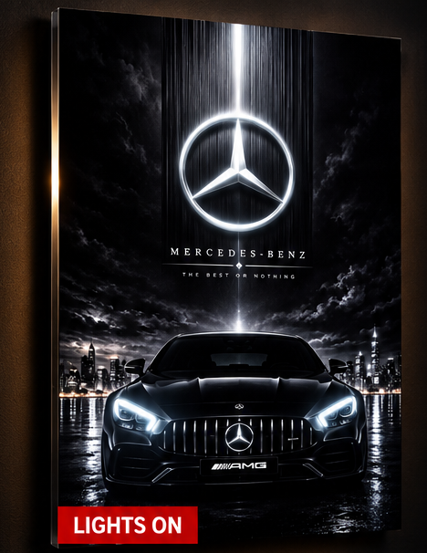 Mercedes-AMG acrylic wall art with illuminated white headlights