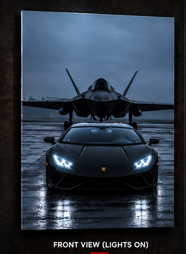 Black supercar acrylic wall art with illuminated white headlights