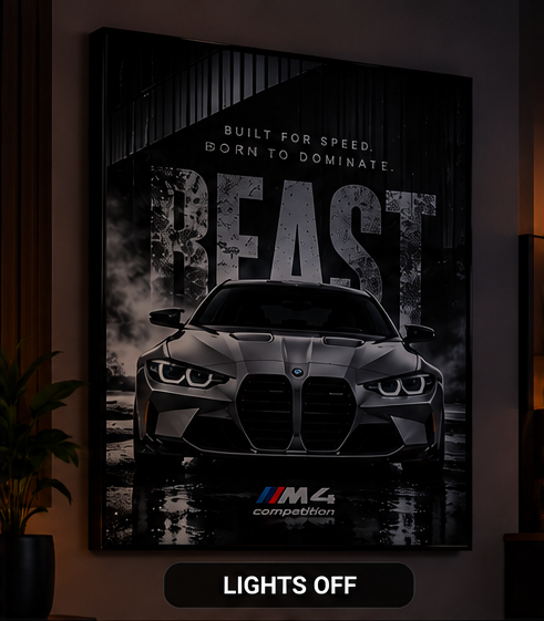 BMW M4 BEAST automotive artwork displayed with lights off