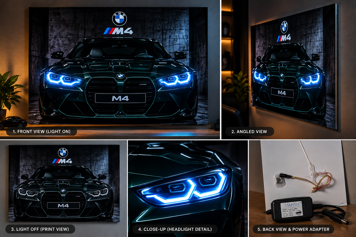 Rear-view BMW M4 automotive wall art featuring the car's taillight design.