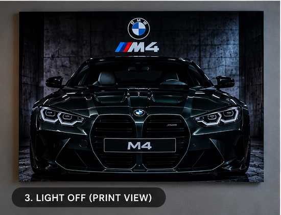 Close-up of the BMW M4 wall art showing its illuminated headlight detail.