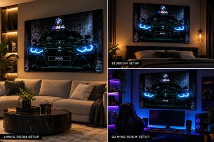 BMW M4 automotive wall art displayed in a gaming room setup.