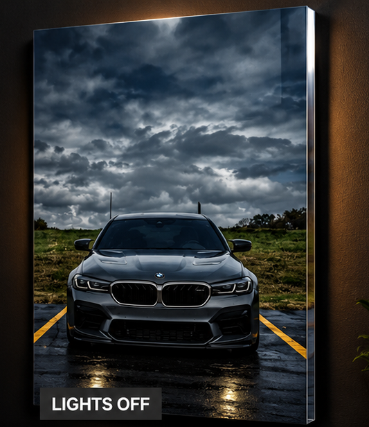 Grey BMW M5 acrylic wall artwork with headlights switched off