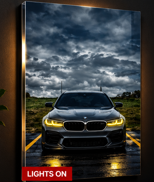 BMW M5 acrylic wall art with illuminated yellow headlights