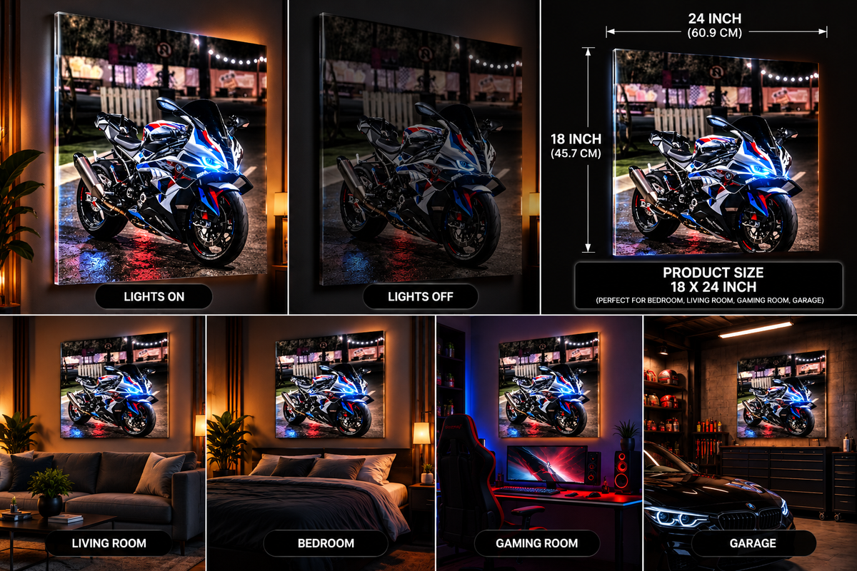 BMW S1000RR wall art size guide showing 18 × 24 inches