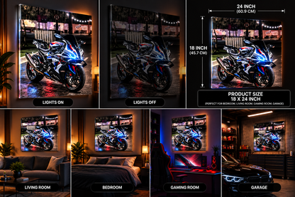 BMW S1000RR wall art size guide showing 18 × 24 inches