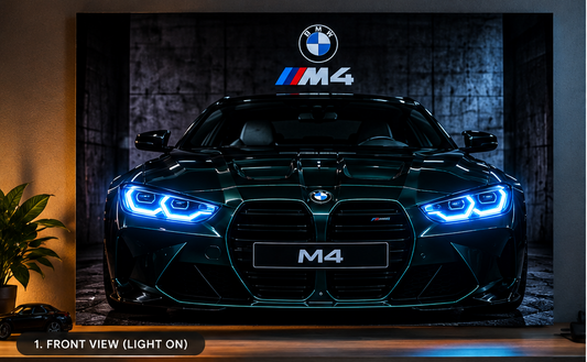 BMW M4 illuminated automotive wall art poster, front design view.
Copy filename