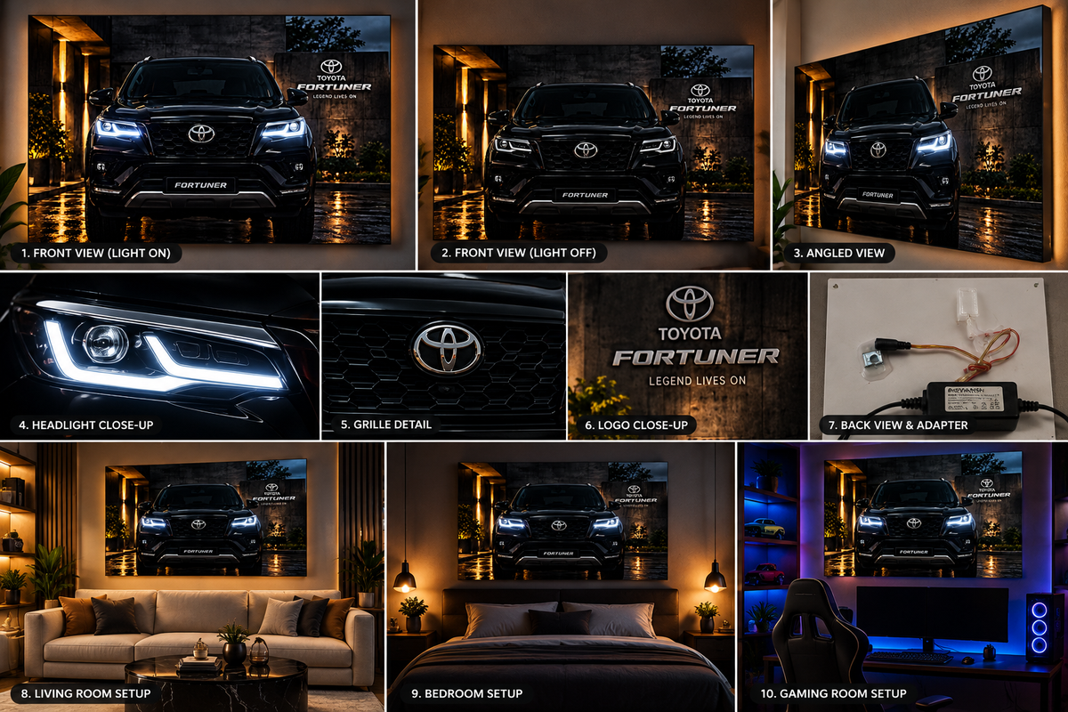 Angled view of illuminated Toyota Fortuner wall art