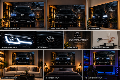 Angled view of illuminated Toyota Fortuner wall art