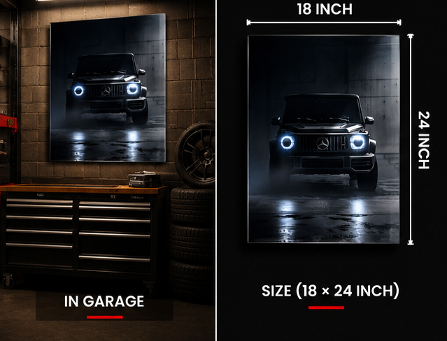 G-Wagon illuminated acrylic wall art size guide showing 18 by 24 inches