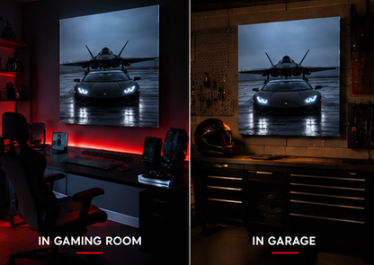 Illuminated supercar wall art displayed in a bedroom