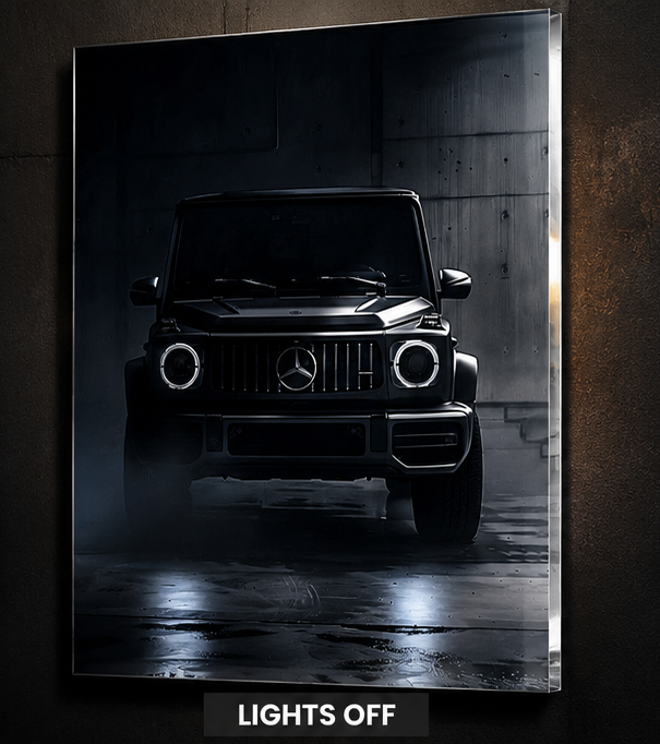 Black G-Wagon acrylic wall art with headlights switched off