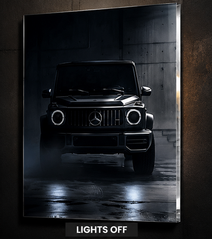 Black G-Wagon acrylic wall art with headlights switched off