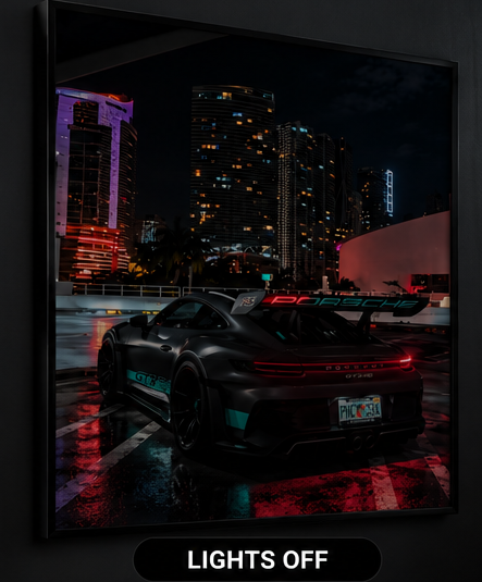 Porsche GT3 RS acrylic wall frame shown with illumination switched off