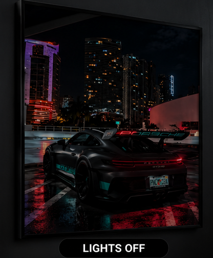 Porsche GT3 RS acrylic wall frame shown with illumination switched off