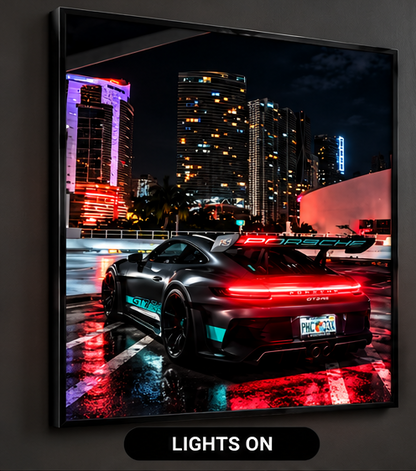 Porsche GT3 RS illuminated acrylic wall art with glowing red taillights