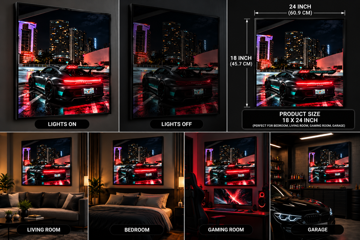 Porsche GT3 RS wall art size guide showing 18 × 24 inches