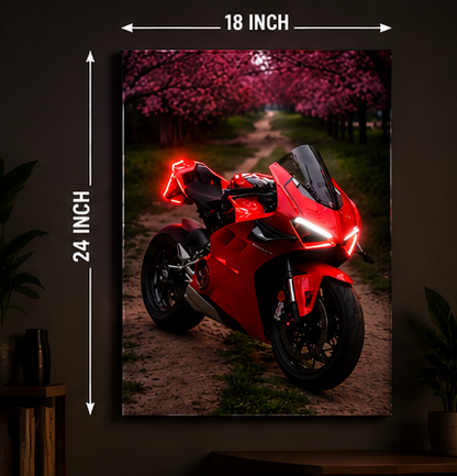Red superbike acrylic wall art size guide showing 18 by 24 inches