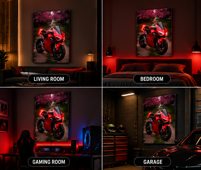 Red superbike illuminated poster in a gaming room