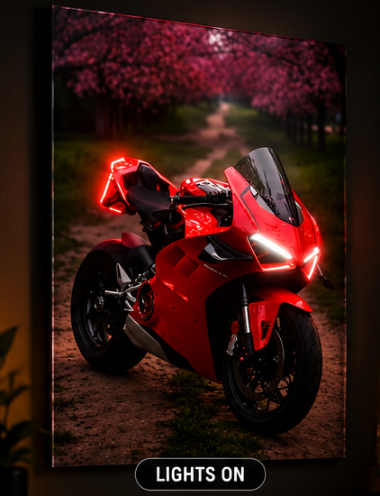 Red superbike illuminated acrylic wall art with LED headlights